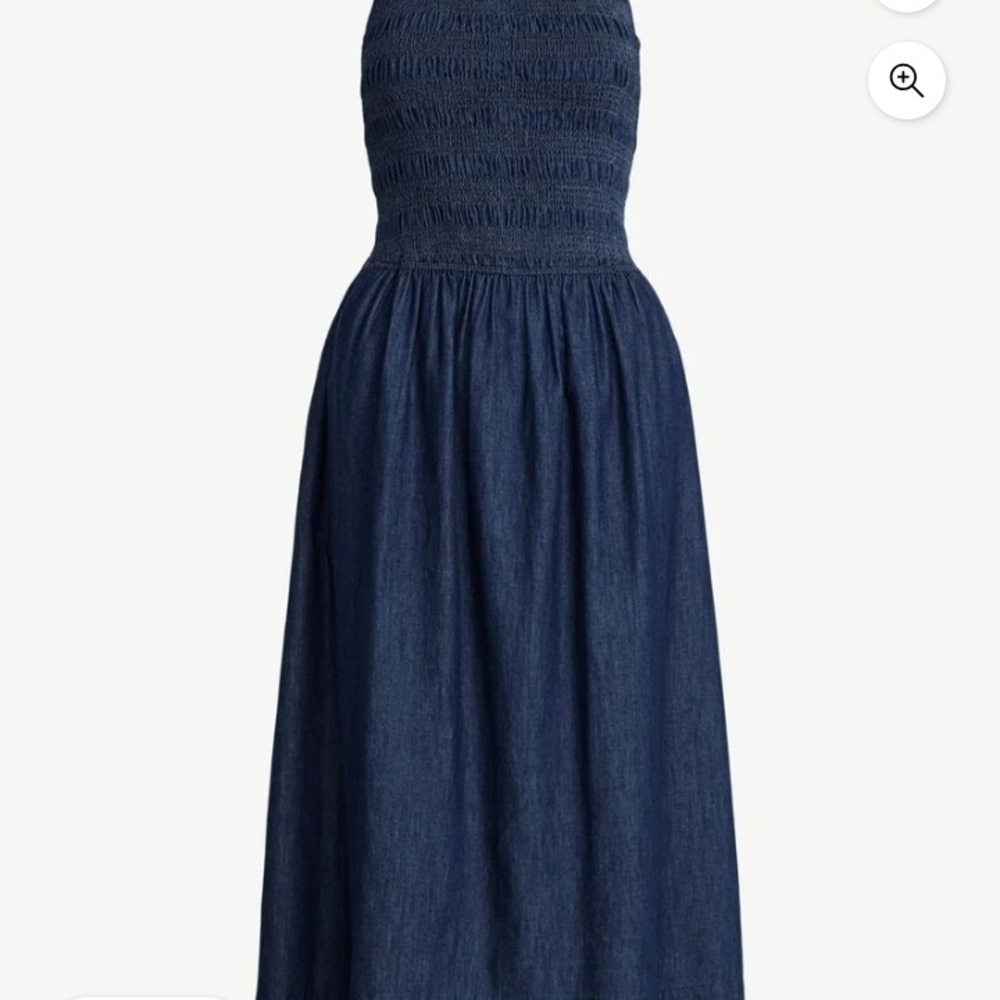 NWT Sleeveless Smocked Cotton Midi Dress Denim Blue Large Fit & Flare Square N. - Picture 3 of 4